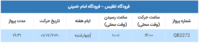 پرواز فوق العاده قشم ایر تفلیس تهران