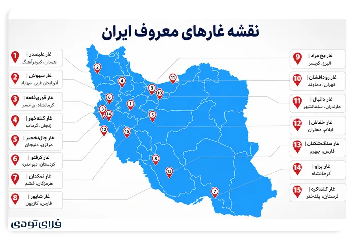 نقشه غارهای معروف ایران